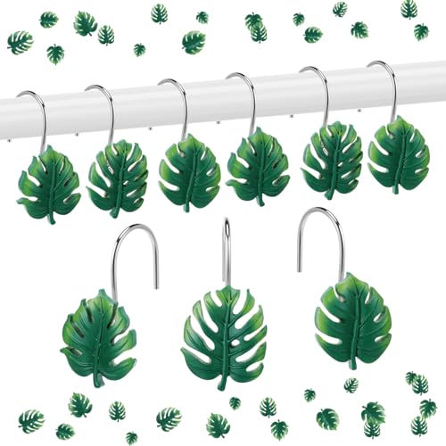 Tropical Leaf Shower Curtain Hooks - 12 Pcs Hawaiian Style Green