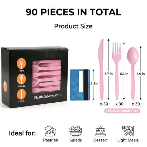 COSINIA 90-Piece Pink Disposable Cutlery Set, 6-Inch Heavy-Duty Flatware