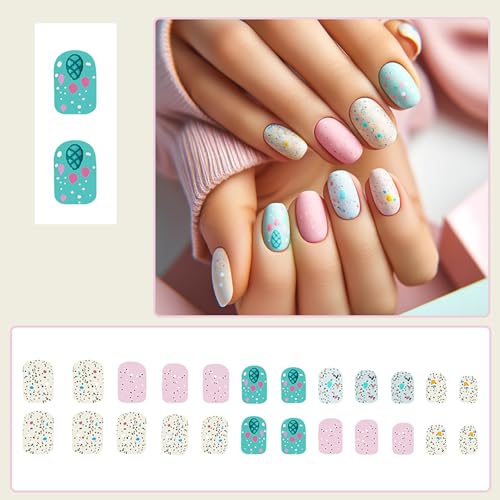 KKUUOO Easter Press on Nails Short Matte Square Fake Nails Colorful Egg Design