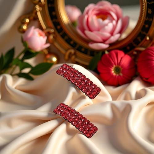 ZLmoue Red Rhinestone Snap Hair Clips Rectangular Korean Barrettes 2Pcs