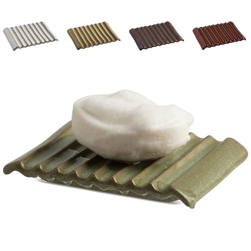 Zoeeker Ceramic Soap Dish - Wave Design, Self-Draining Holder in Green