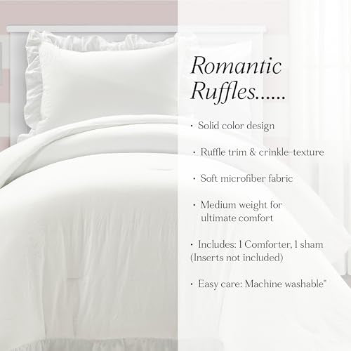 Lush Decor Reyna Ruffle Comforter Set - 2 Piece Twin Size Ruffle Comforter Set - Elegance for Dorm Room - Twin XL, Pure White