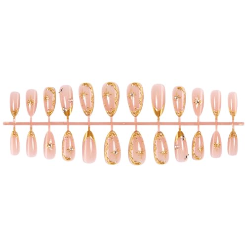 Press on Nails Medium Almond French Tip Gold Star False Acrylic Nails