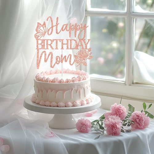 Happy Birthday Mom Cake Topper - Rose Gold Glitter Decoration