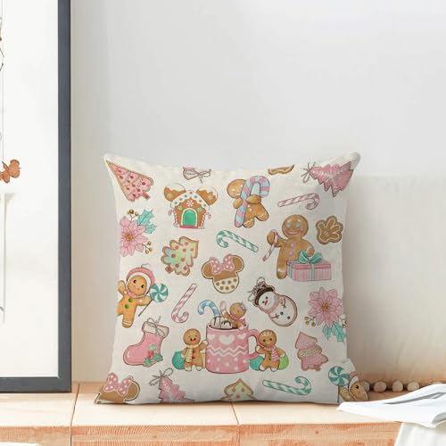 Pink Gingerbread Man Christmas Pillow Covers 18x18 - Set of 2