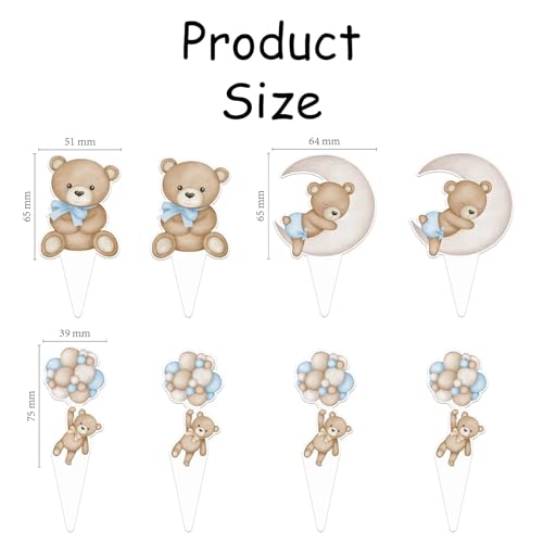 Blue Teddy Bear Cupcake Toppers - 48 Pcs Baby Shower Decorations
