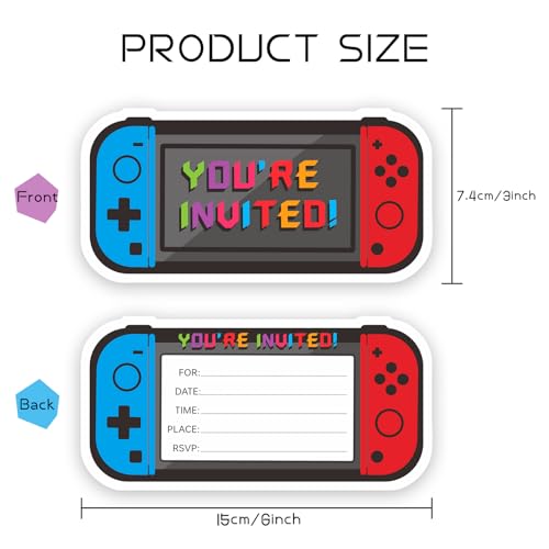 Video Game Birthday Party Invitations - 3x6 Inch Cards with 20 Envelopes