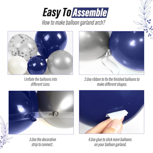 Navy Blue Silver Balloon Arch Kit - 53 Balloons for Parties