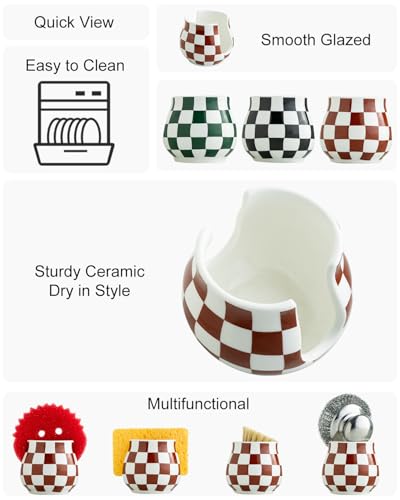 Zoeeker Ceramic Sponge Holder, Checkered Barrel-Style Sink Caddy (Brown & White)