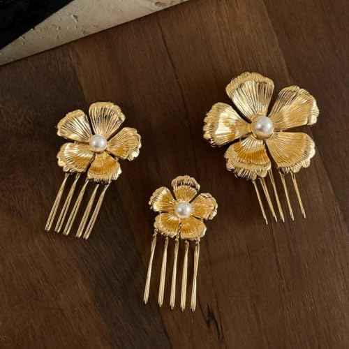 SICOPEE 3 Pack Vintage Gold Flower & Pearl Hair Combs for Wedding Bridal
