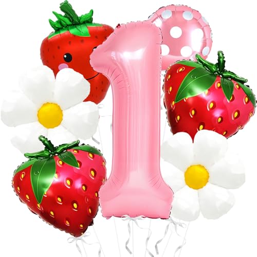 Corabsar Strawberry Balloons Set for First Birthday Party – 7 pcs, Pink & Red Berry Theme, Reusable Foil Decor, Variation 1