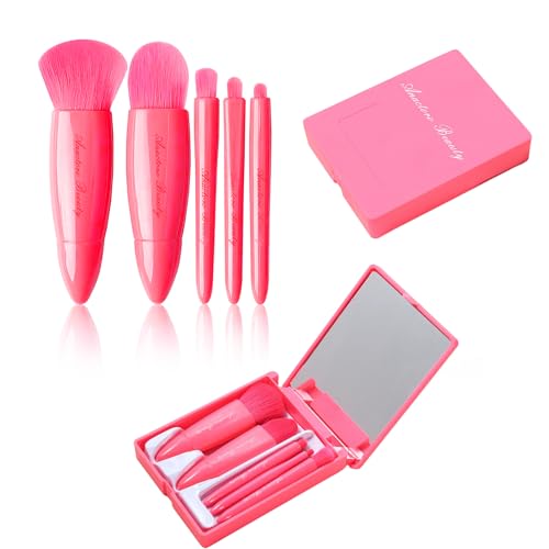 Anactoro Mini Travel Makeup Brush Set with Mirror - 5 Pcs