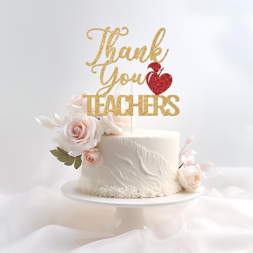 Thank You Teachers Cake Topper - Gold & Red Glitter Decoration