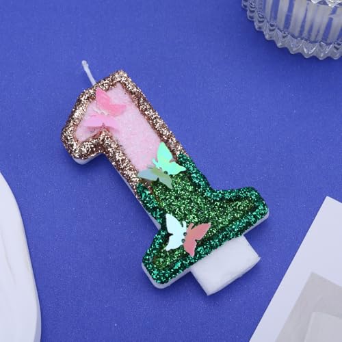 Butterfly Birthday Candle Number 1 - Pink & Green Glitter Cake Topper