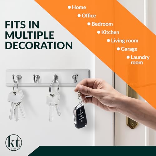 Wall Mounted Key Rack with 4 Hooks - Modern Steel & Wood Key Organizer - White