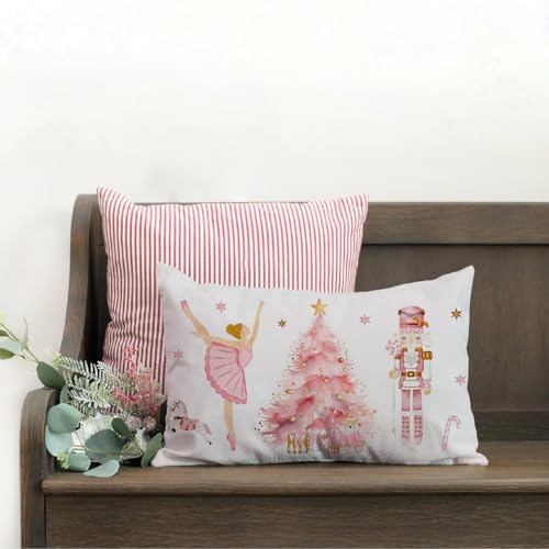 Pink Christmas Pillow Cover 12x20" - Ballerina & Nutcracker Design