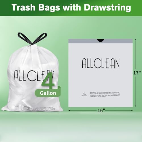 ALLCLEAN 4 Gallon Small Trash Bags, Drawstring Garbage Can Liners - White