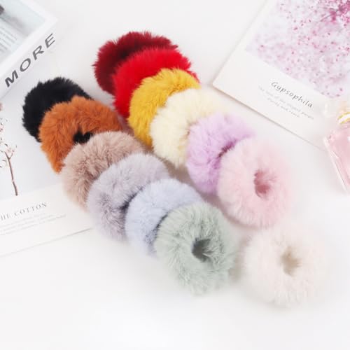 Spenlly Fluffy Plush Pom Pom Hair Scrunchies 4-Pack - Watermelon Red