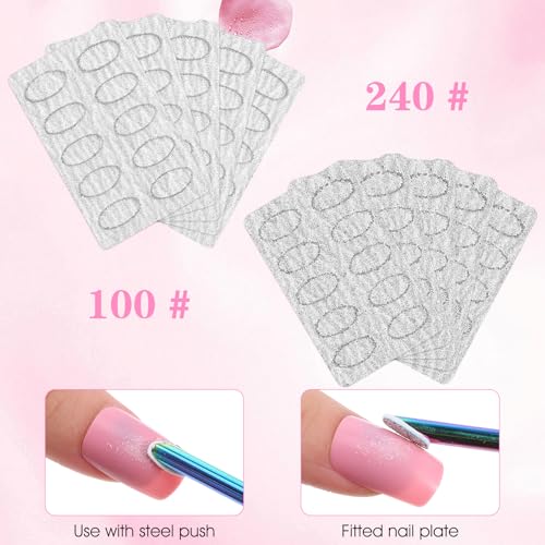 Dual Ended Stainless Steel Cuticle Pusher with 100 Pcs Self-Adhesive Sandpaper Sheets for Manicure
