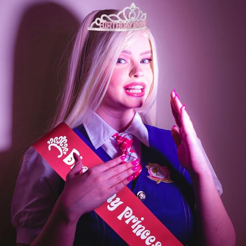CURASA Birthday Princess Crown and Hot Pink Sash Set for Women