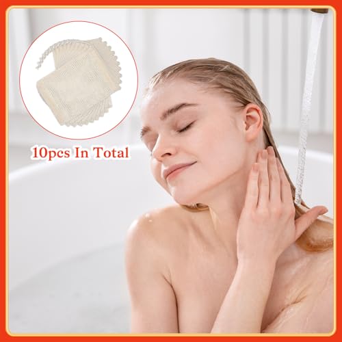 10 Pcs Exfoliating Sisal Soap Saver Bags with Drawstring, Natural Cotton Linen Mesh Pouches for Shower