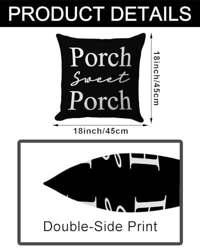Porch Sweet Porch Farmhouse Pillow Cover 18x18 - Black Rustic Accent Case