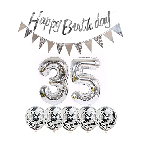 Silver 35th Birthday Decoration Kit with Foil Balloons & Banner