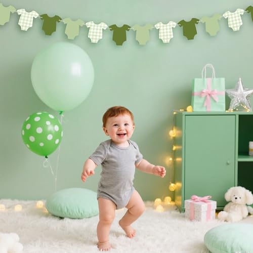 Green Gingham Baby Shower Banner with Bodysuit Garland