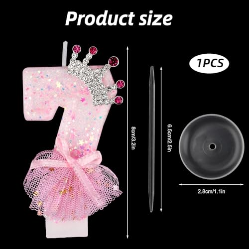 Pink Number 7 Birthday Candle with Glitter Crown and Bow Cake Topper