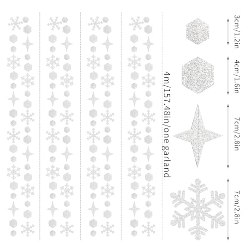Snowflake Snow White Silver Christmas Party Decorations Streamers - 52Ft Winter Wonderland Garland - Glitter Silver Variation