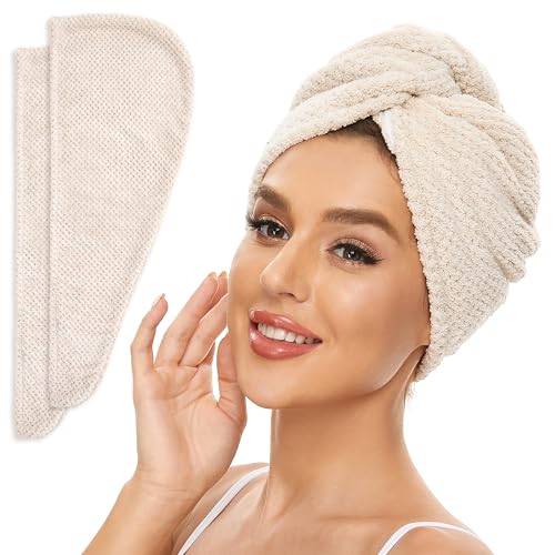 SimpleField Microfiber Hair Towel Wrap - 2 Pack, Quick Drying, Anti-Frizz for All Hair Types (Beige)