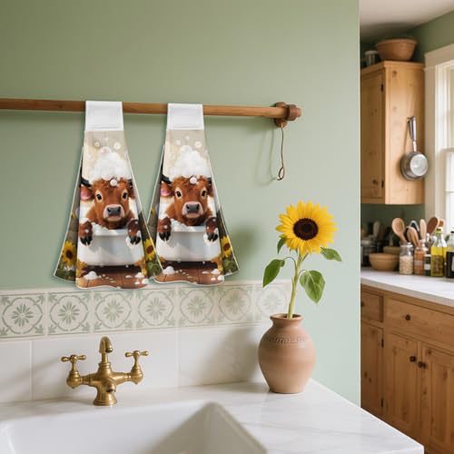 CUTHOLLOW 2 Pcs Bathroom Cow Hanging Kitchen Towels with Loop – Stylish & Absorbent Microfiber Towels for Kitchen & Bathroom Decor