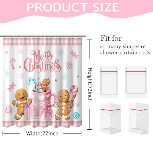 Christmas Shower Curtain Pink Checked Gingerbread Man 72x72 Inch with Hooks