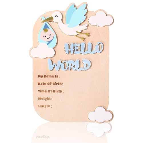 Hello World Wooden Newborn Welcome Sign for Baby Birth Announcement