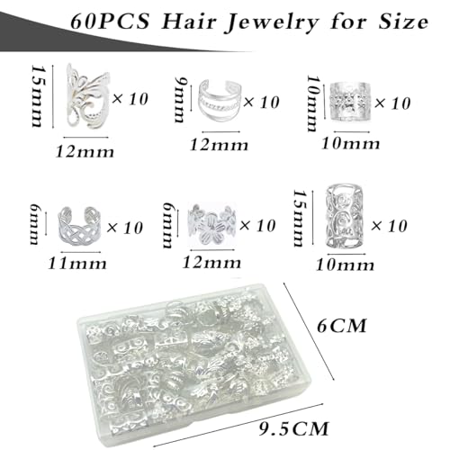 60Pcs Hair Jewelry Braid Cuffs Silver Dreadlock Charms Adjustable Rings