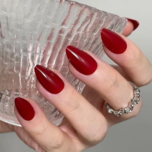 elarossa Short Red Almond Press on Nails, French Tip Fake Nails with Glue