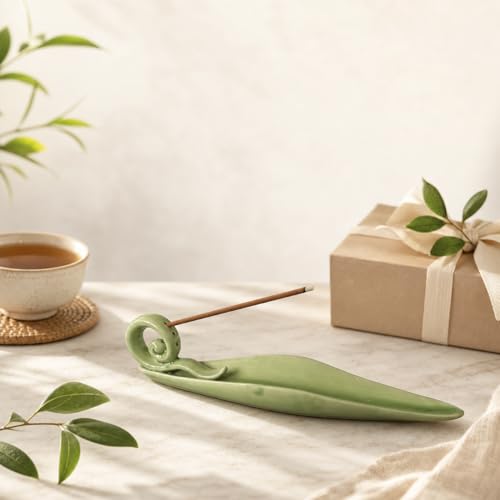 Handmade Ceramic Leaf Incense Holder - Celadon Glow Long Ash Catcher