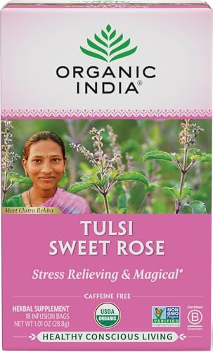 Organic India Tulsi Sweet Rose Herbal Tea - 18 Infusion Bags, Caffeine-Free, Stress-Relief, Soothing Floral Blend (Sweet Rose / 1 Pack)