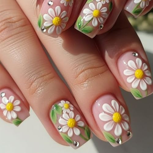 Octoswave Short Square Press on Nails with Pink Daisy Flowers and Rhinestones