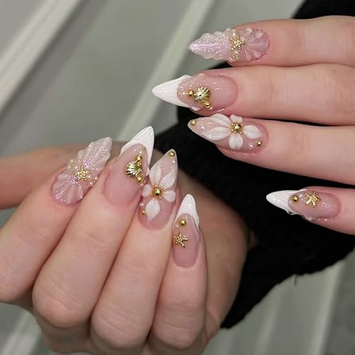 Medium Almond Press on Nails White French 3D Gold Stars Fake Nails 24pcs