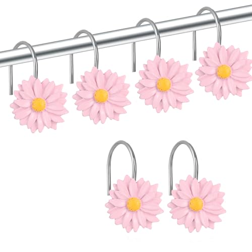 Pink Daisy Flower Shower Curtain Hooks - 12-Piece Anti-Rust Stainless Steel