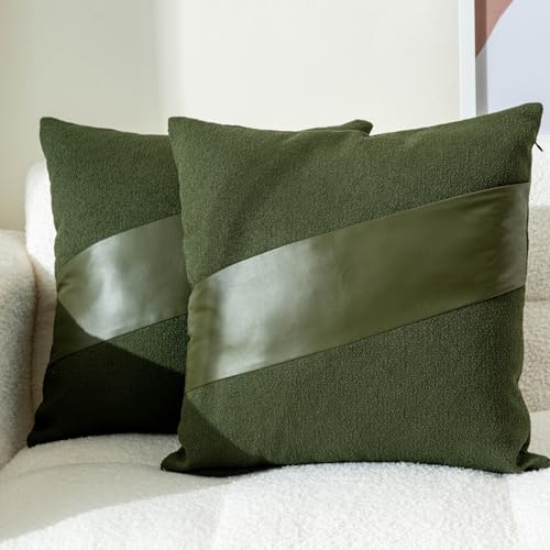 Olive Green Boucle Throw Pillow Covers 18x18, Set of 2 Faux Leather Accent