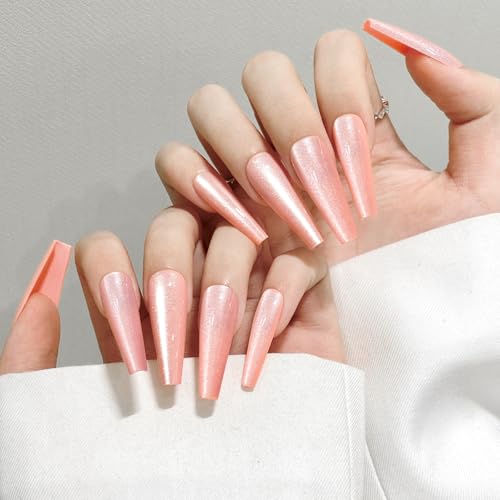 Pink Cat Eye Press On Nails Long Coffin Soft Gel False Nails Kit