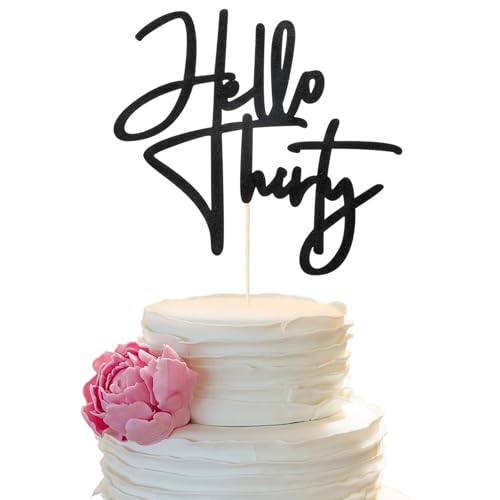 Hello Thirty Cake Topper - Black Glitter 30th Birthday Decoration