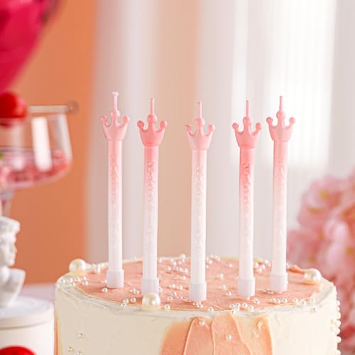 Gradient Pink Crown Birthday Candles - 5PCS Long Smokeless Wax