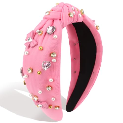 KIUEZIR Pink Knotted Rhinestone & Pearl Headband for Women