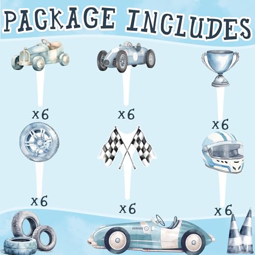 36 Pcs Race Car Cupcake Toppers - Pre-Assembled Birthday Cake Decorations