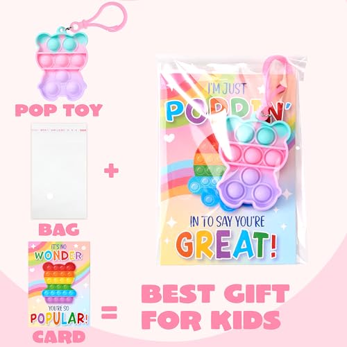 JOYIN 30 Packs 6 Design Gift Cards with Pop Bubble Keychains, Mini Colored Pop, Multi Shape Stress Relief Fidget Toys for Kids Party Favors and Classroom Gift Exchange