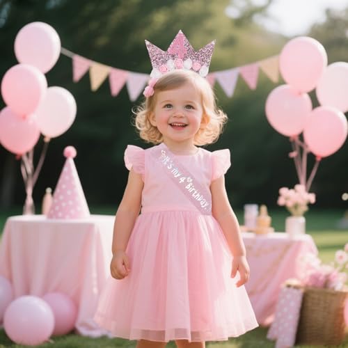 4th Birthday Girl Crown and Glitter Sash Set