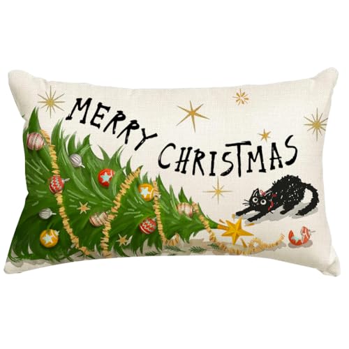 RABUSOFA Christmas Pillow Covers 12x20 Inch Merry Tree Black Cat
